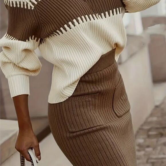 Two-Piece Slim-Fit Color Block Rib Knit Sweater Midi Skirt Set Cream Brown W 12 - Picture 7 of 9